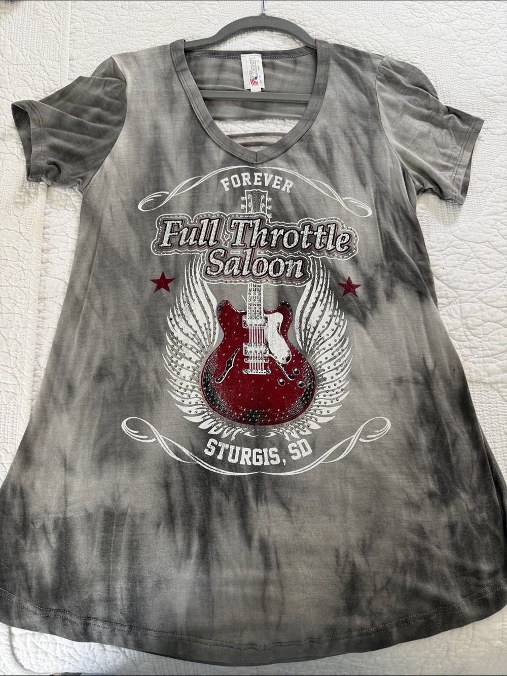 Full Throttle Saloon Women's Gray Tie-Dye Tee with Red Guitar Graphic